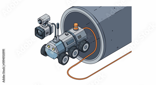 Robotic Sewer Crawler Inspection Camera Entering Concrete Pipe for Infrastructure Maintenance, Isometric Illustration