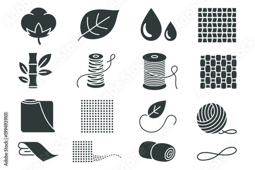 Fabric material icons vector set featuring synthetic fibers, flax, mesh, thread, woven textile, bio linen, and microfiber symbols for textile industry