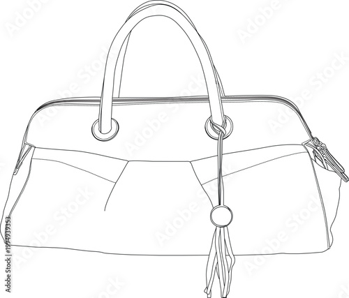 Detailed and elegant black and white line art drawing vector illustration of a women's hand bag with zippers and Handles.
