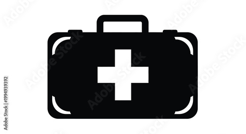 A minimalist black silhouette depicts a closed first aid kit with a prominent white medical cross symbol