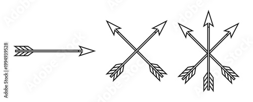 Bow arrow shape set. Crossed arrows heraldry and coat of arms symbol collection. Outline archery sign. Vector illustration image.
