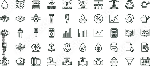 Water management irrigation monitoring outline icon set featuring moisture sensors pipelines agriculture analytics vector collection for dashboards interfaces presentations applications platforms