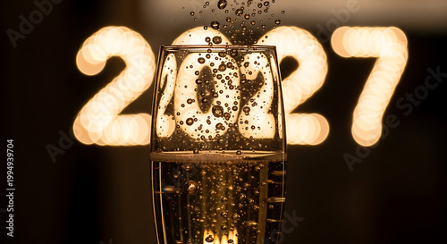 2027 countdown champagne celebration with golden bokeh lighting and bubbles
