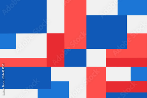 Color block geometric abstract in red blue and white. Pixel inspired modern composition with rectangular shapes. Rectangular modules interlock in a bold structured arrangement.