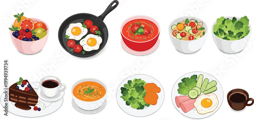 Collection of Healthy Breakfast and Meal Vector Illustrations Featuring Fried Eggs, Salad Bowls, Soup, Coffee, and Chocolate Cake for Menu Design and Lifestyle Graphics