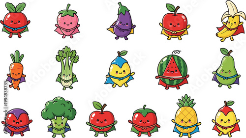 Comprehensive Kawaii Fruit and Vegetable Superhero Collection Featuring Diverse Cartoon Character Mascots in Capes for Healthy Eating Education and Childrens Graphic Designs