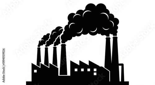 Vector illustration of an industrial factory silhouette with chimneys releasing smoke over an urban city skyline