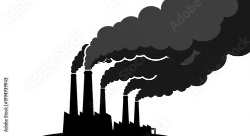Industrial factory chimney releasing smoke into the city skyline at sunset symbolizing pollution and environmental impact