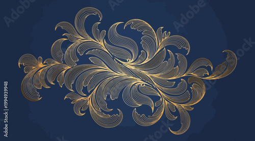 Elegant gold floral ornament on a deep blue background, intricate filigree pattern for luxury design