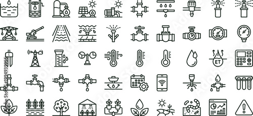Agriculture irrigation monitoring sensors outline icon set featuring farming water climate analytics vector collection for dashboards interfaces presentations applications platforms
