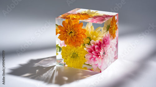Frozen Floral Cube: Vibrant Flowers Encased in Ice, Abstract Art, Nature's Beauty, Still Life, Refreshing, Summer, Spring, Unique Concept, Modern, Delicate, Colorful, Artful, Decorative, Studio Shot
