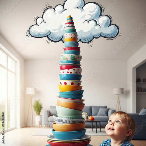 Surreal Tower of Colorful Dishes Reaching for Cartoon Clouds, Child's Wonder in Modern Living Room