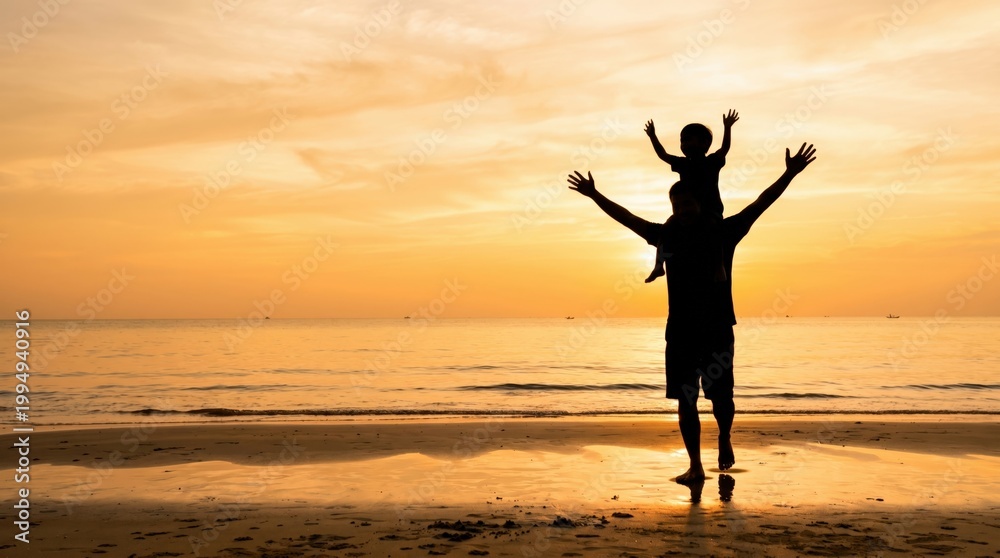 Fototapeta premium Silhouette of a man and child enjoying a joyful moment at sunset beach