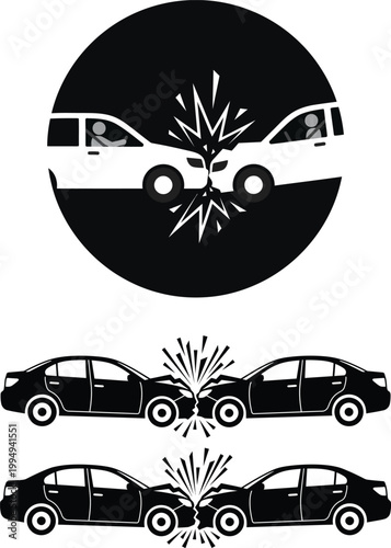 Iconic representations of vehicle collisions showing front end impacts with bursting debris against 