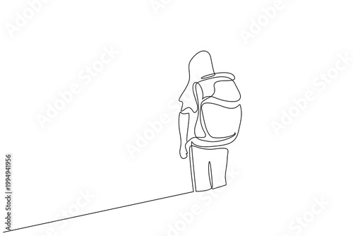 person woman hike trekking backpack outdoor lifestyle one line art minimalist design