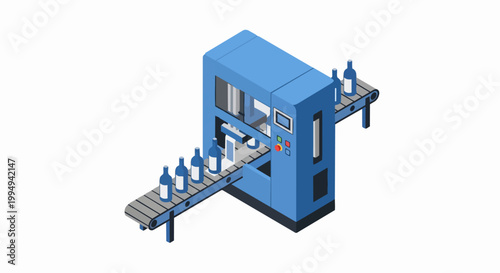 Isometric Automated Industrial Labeling Machine and Conveyor Belt System for Beverage Production and Smart Factory Manufacturing