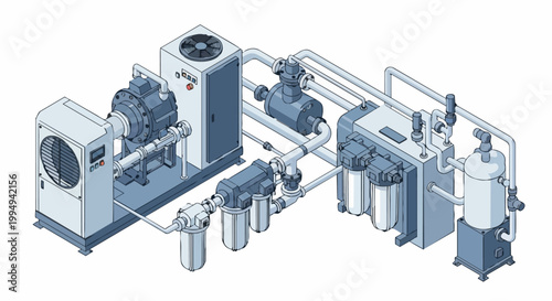 Industrial Compressed Air System with Filtration and Drying Equipment, Isometric Technical Illustration