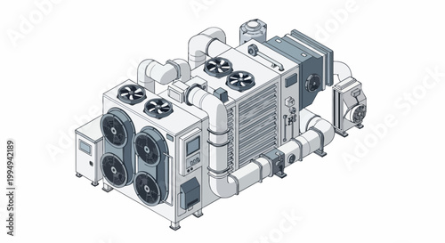 Isometric Industrial HVAC Cooling System and Ventilation Unit Line Art Vector Illustration for Engineering and Climate Control Concepts