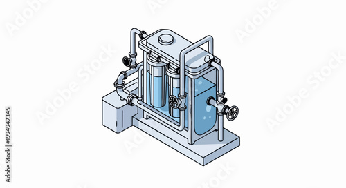 Isometric Industrial Water Filtration and Treatment System Illustration, Clean Water Purification Process with Pipes, Valves, and Filters