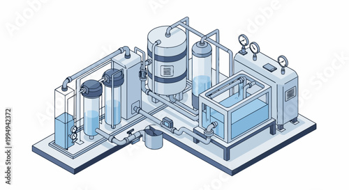 Isometric Industrial Water Treatment System and Filtration Plant Illustration with Tanks, Pipes, and Gauges