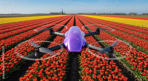 Purple quadcopter drone flying over red and yellow tulip field with windmill background