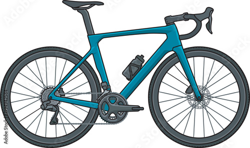 Flat vector illustration of a teal carbon road bike with drop handlebars, disc brakes, and a water bottle. Detailed side view of a professional racing bicycle for fitness and competitive cycling.