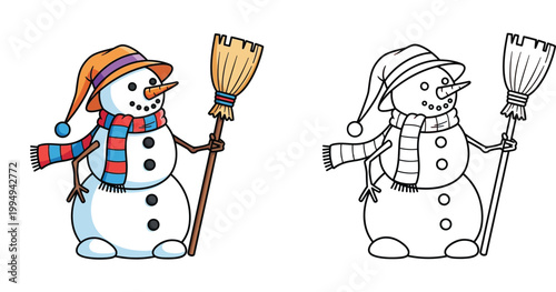 Cute Snowman with Broom Cartoon Character for Christmas Coloring Page and Vector Illustration for Kids Winter Holiday Activities