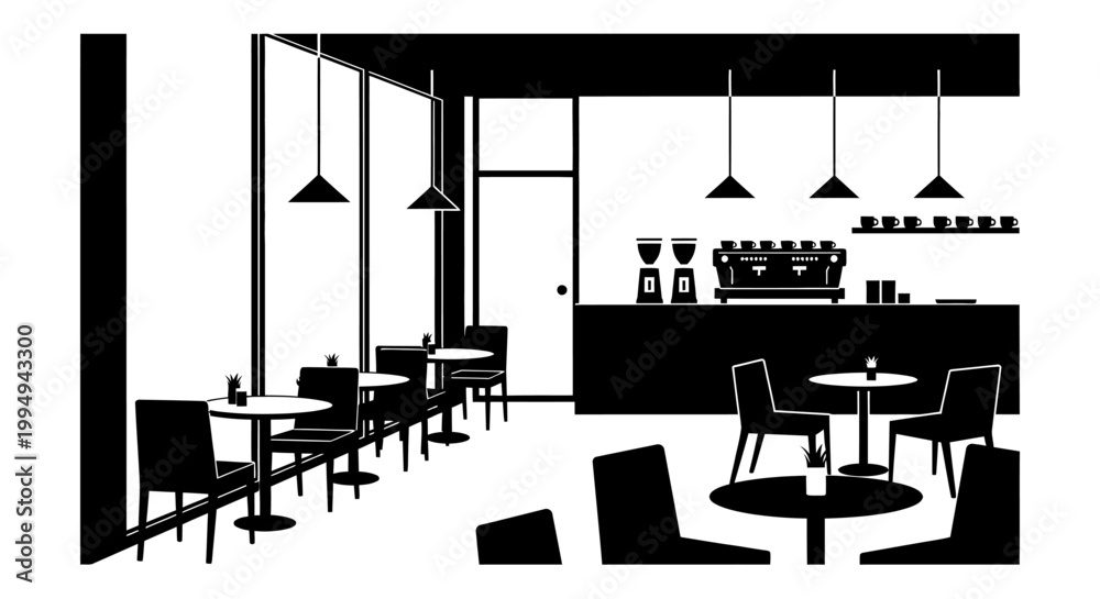 Fototapeta premium Minimalist cafe interior with tables chairs and a bar silhouette