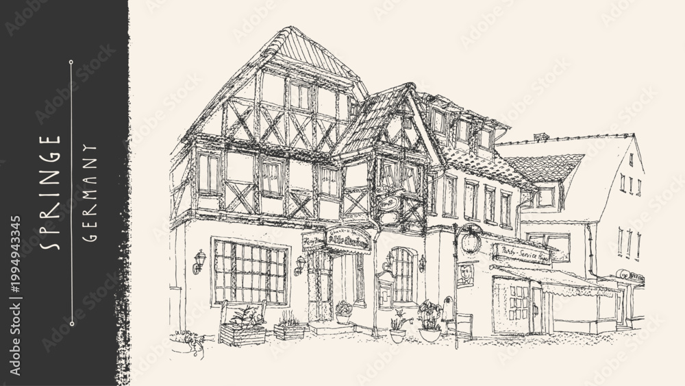 Obraz premium Old Germany sketch postcard. Springe town street, fachwerk timber house, medieval architecture. Vintage hand drawn vector illustration, pencil line art, European village scene, historical landmark bg