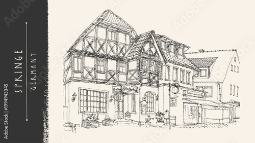 Old Germany sketch postcard. Springe town street, fachwerk timber house, medieval architecture. Vintage hand drawn vector illustration, pencil line art, European village scene, historical landmark bg