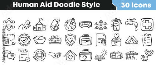 Collection of 30 hand-drawn doodle icons representing various aspects of human aid and support.