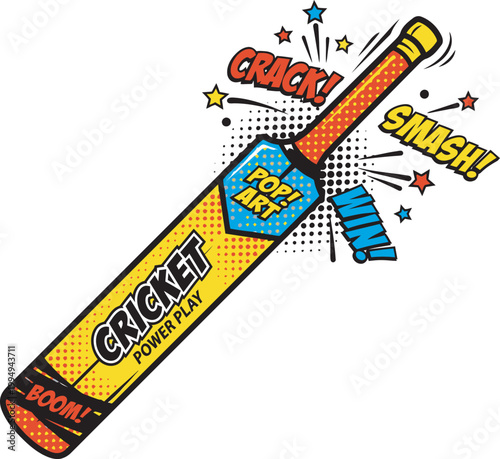 Dynamic pop art cricket bat vector featuring halftone patterns and comic-style action text like Crack, Smash, and Boom. Colorful sports illustration with vibrant yellow and blue comic book aesthetics.