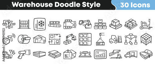 Collection of doodle-style icons representing warehouse operations and logistics management