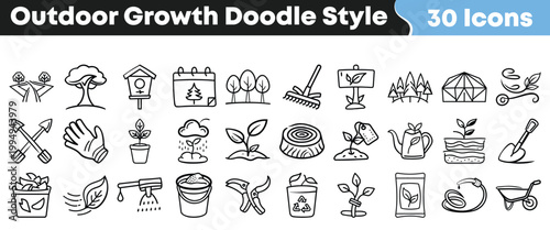 Hand drawn outdoor garden icons featuring various plant growth and nature supply tools