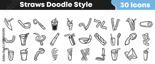 Collection of hand drawn doodle style drinking straws in thirty unique designs