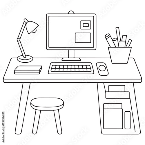 Minimalist workspace featuring a desk with computer and stationery