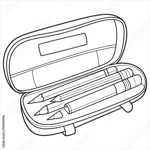 Open pencil case with drawing instruments and erasers