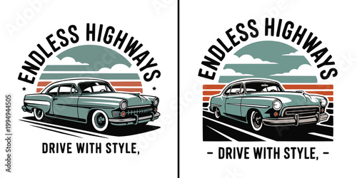 Retro illustration featuring a vintage car driving along the endless open highway road