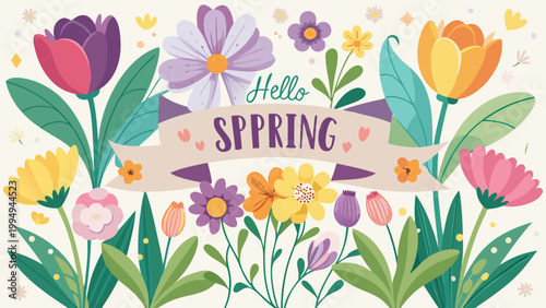 Colorful spring flowers banner with "hello spring" text, hand-drawn