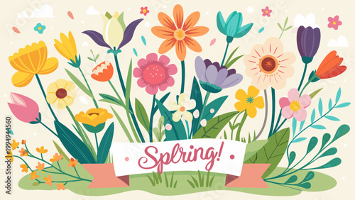 Vibrant hand-drawn spring flowers banner with green leaves and text