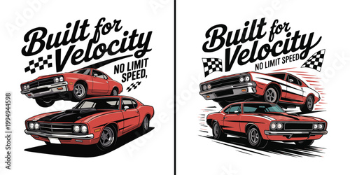 Classic vintage red muscle cars illustrated with bold velocity typography design elements