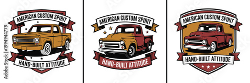 Three vintage truck emblems featuring american custom spirit and hand built attitude text