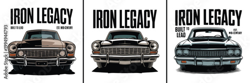 Fotografía Vintage iron legacy cars presented with bold typography graphics
