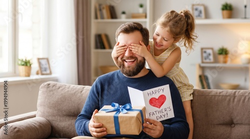 Little girl surprising her smiling father with a gift on father's day at home