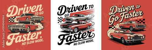 Vintage muscle cars racing aggressively with smoke and checkered flags