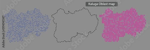 Kaluga oblast map in blue and purple pixel art on gray background