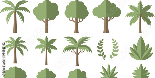 Stylized Tree and Palm Illustration Set Featuring Various Leaf Shapes and Tree Types for Nature, Eco-Friendly, and Tropical Design Projects