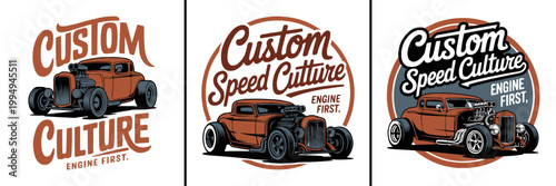Three vintage hot rod vehicle illustrations showcasing custom speed culture graphic designs