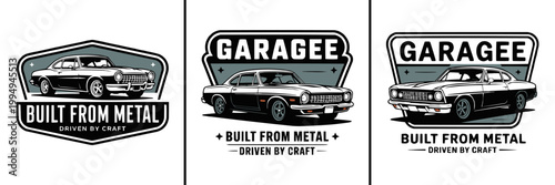 Vintage muscle car emblems showcase classic automobile designs and craftsmanship