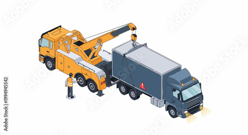Isometric Heavy Duty Tow Truck Lifting a Cargo Trailer for Recovery. Emergency Roadside Assistance and Logistics Service Concept.